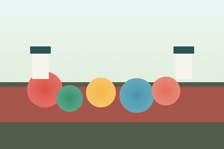 Colorful market table with coffee cups and produce